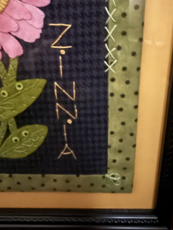 Hand Sewn Wool Appliqué “ Zinnia” Professionally Framed. ￼￼ gallery