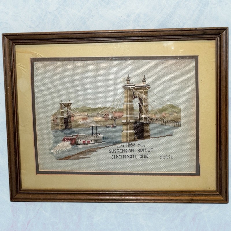 VINTAGE Signed NEEDLEPOINT Yarn Art Roebling Suspension Bridge Cincinnati OH gallery