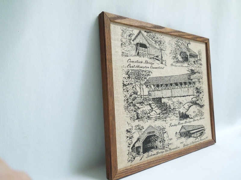 Vintage Warren Boucher New England Covered Bridges on Burlap in Oak Wood Frame gallery