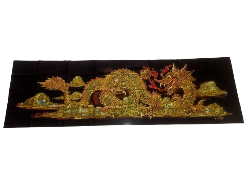 GOLD DRAGON HAND DRAWN BATIK PAINTING HOME DECORATION WALL HANGING BLACK BASE D4