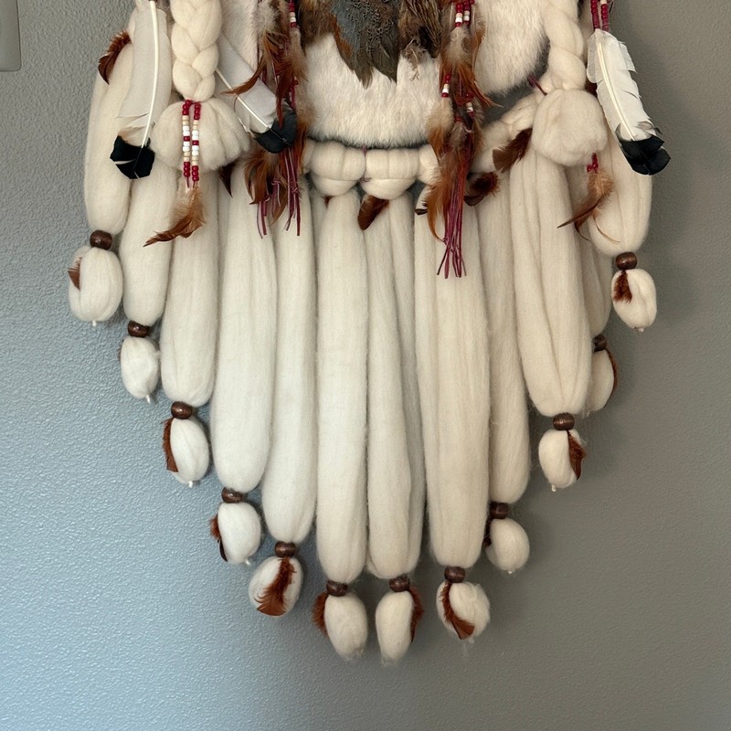 Vtg Signed Navajo Mandala Wall Hanging - Large Feather Shield 25x50” gallery
