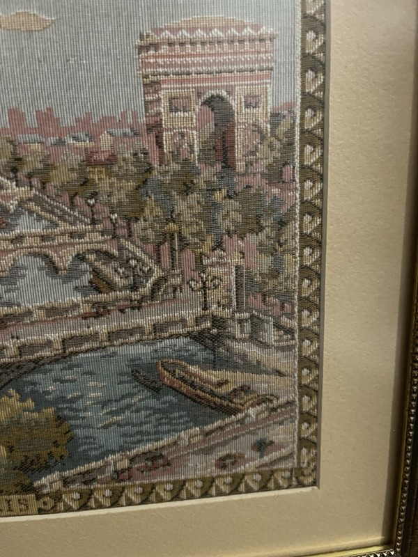 Vintage Framed Tapestry of Paris Effil Tower & River Scene Silk Embossed gallery