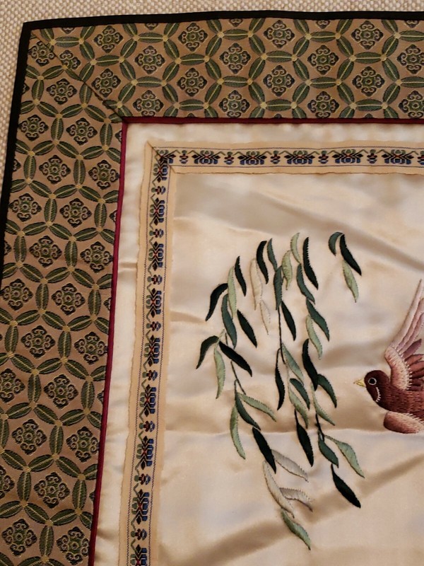 Chinese Silk Rayon Embroidered Tapestry Art Tan Bird Leaves gallery