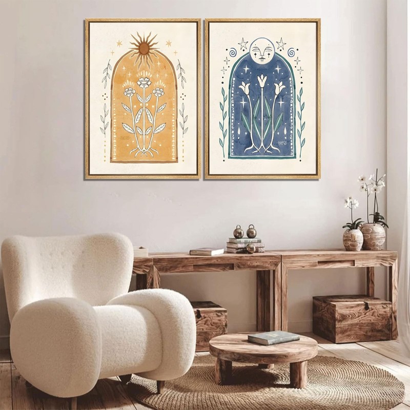 2Pcs Vintage Boho Sun and Moon Canvas Wall Art Sunflowers Pictures Spiritual ... gallery