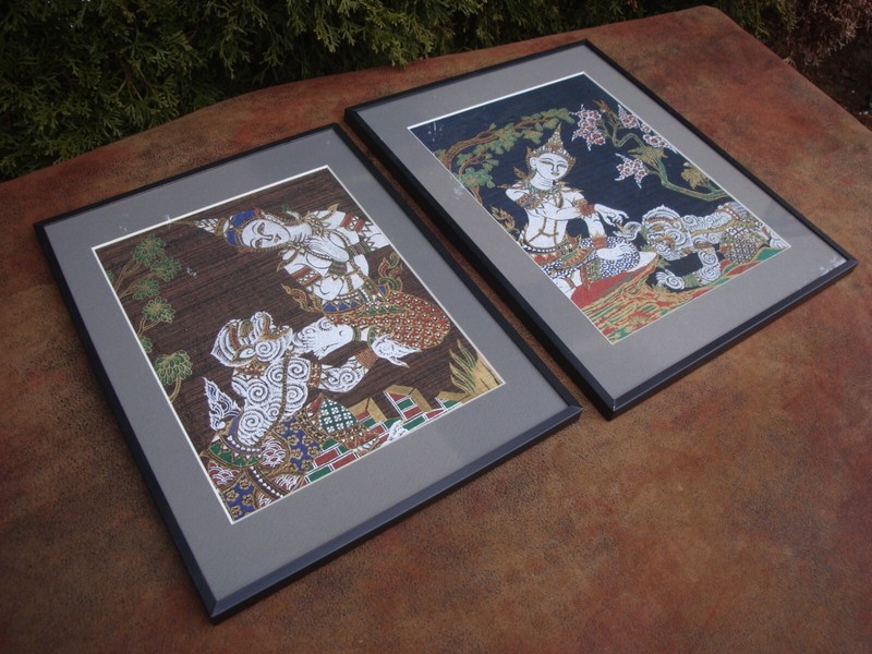 Set of 2 Vintage Framed Thai Paintings on Silk gallery