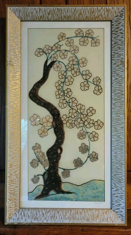 20thCent. Artist LISKA Hand Painted Flower Tree Embroidery Style On Fabric&Frame