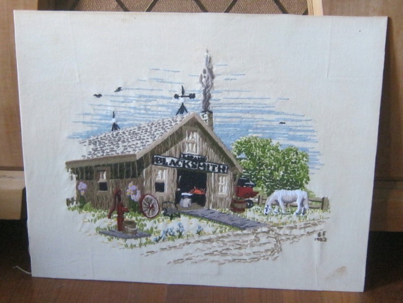 Original Americana Needlepoint BLACKSMITH Shop Initialed «GF» Dated 1982 NR!!