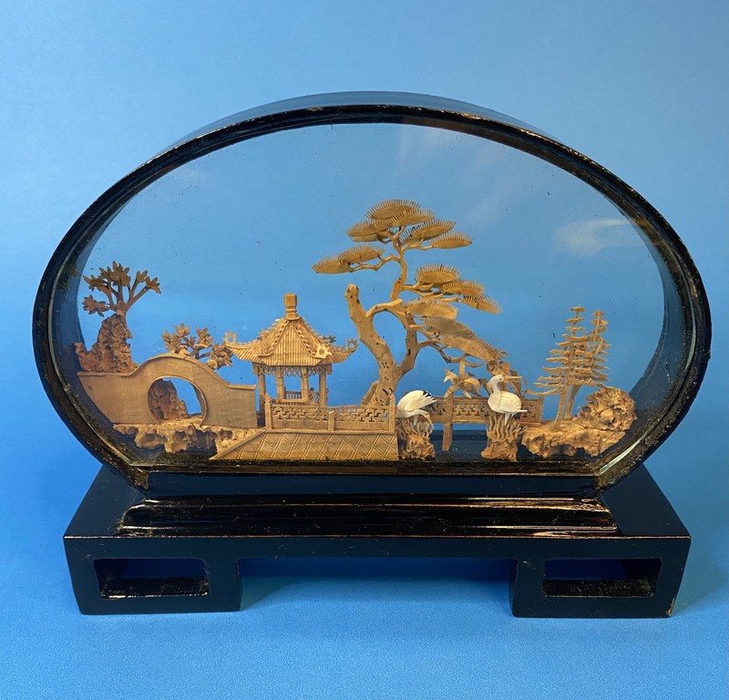 Vintage San You Asian Hand Carved Cork Art 3D Diorama Cranes, Pagoda & Bonsai