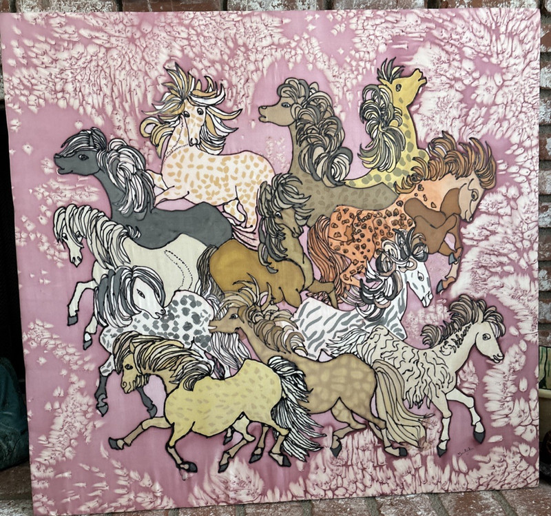 Inoui Editions Horse 🐴 scarf, Silk, Pink, Western Signed, Rare, Staple Holes