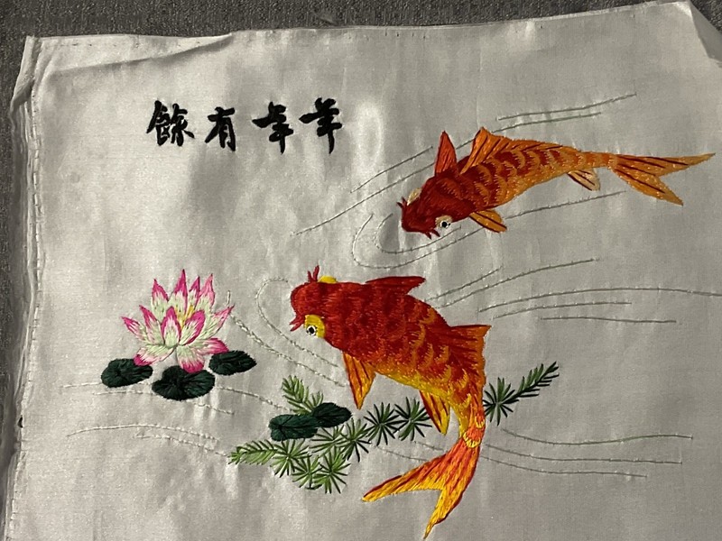 Satin Floss on silk Hand embroidered piece koi Fish Asian Finished Piece