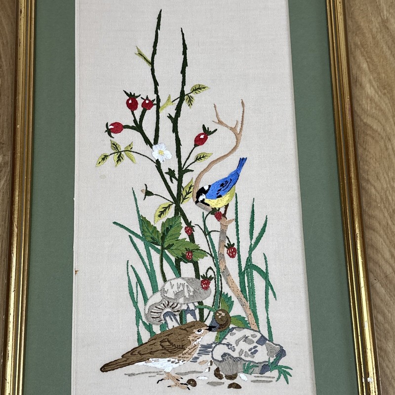 Vintage Embroidery Blue Tit & Song Thrush Signed 1984 53cm X 33cm framed gallery