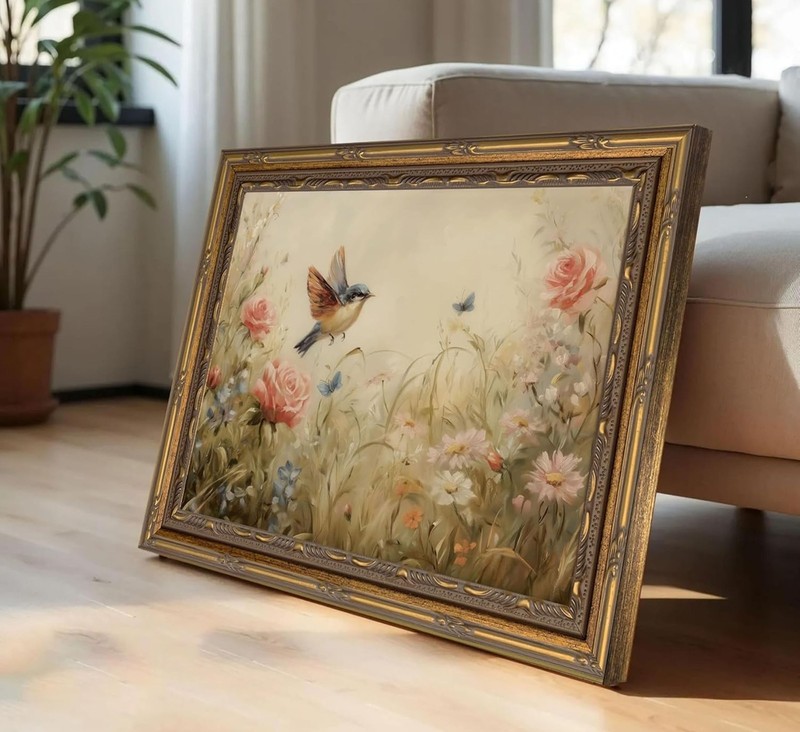 Framed Vintage Floral Bird Canvas Wall Art Rustic Cottagecore Rose Floral Spa... gallery