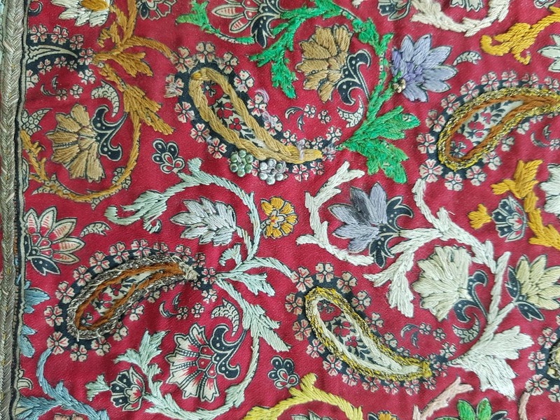 Vintage French Printed Paisley Hand Embroidered Panel 63x53cms gallery