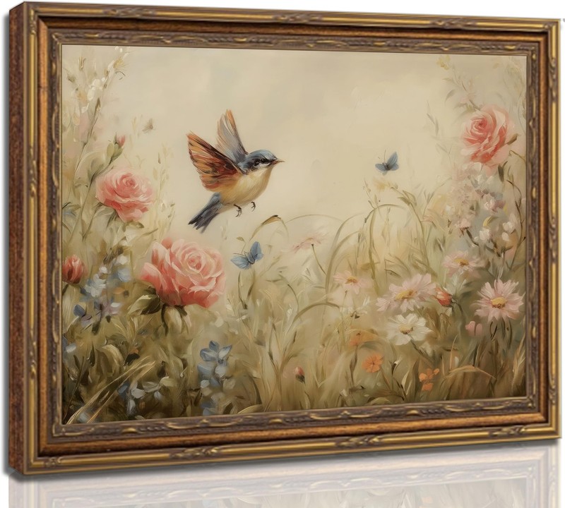Framed Vintage Floral Bird Canvas Wall Art Rustic Cottagecore Rose Floral Spa…