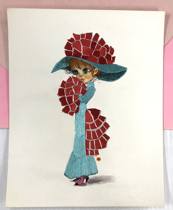 Vintage 1960s Embroidered BIG EYE Art Print from SPAIN «Ruffles» (10″ x 8″) #40