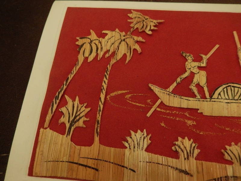 Vintage Bamboo Straw Art Greeting Card Palm Trees Boat People gallery