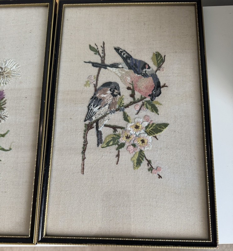A Pair Of Vintage Bird Embroidery Panels In Lovely Black And Gold Frames gallery