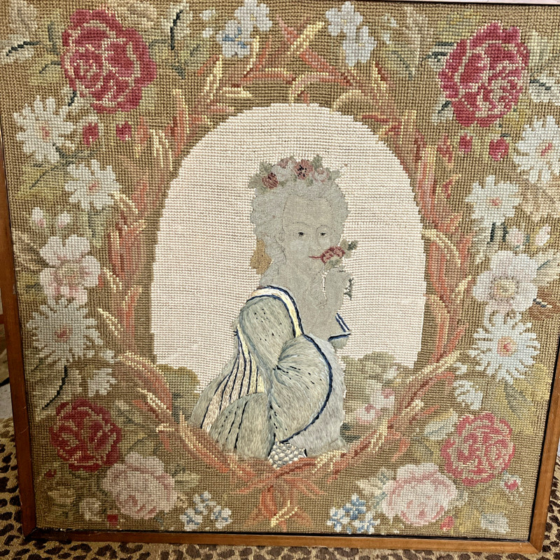 Antique Needlepoint Woolwork Girl And Flowers