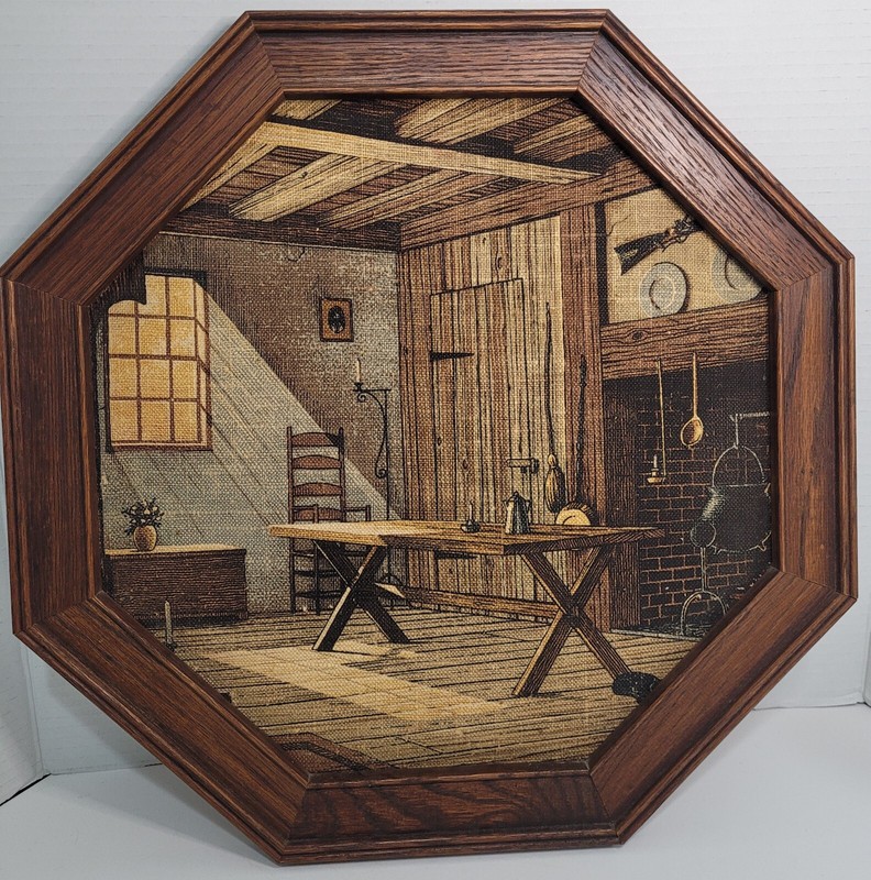Vintage Kay Dee Linen Hand Print Cabin KitchenScene 16×16 Octagon Framed Picture
