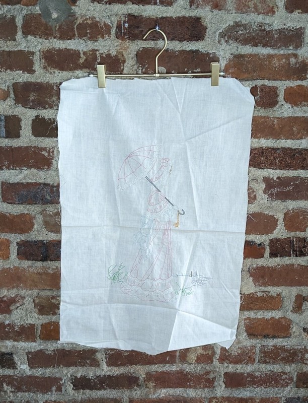 Vintage Homemade Hand Embroidered Woman Walking with a Parasol Umbrella gallery