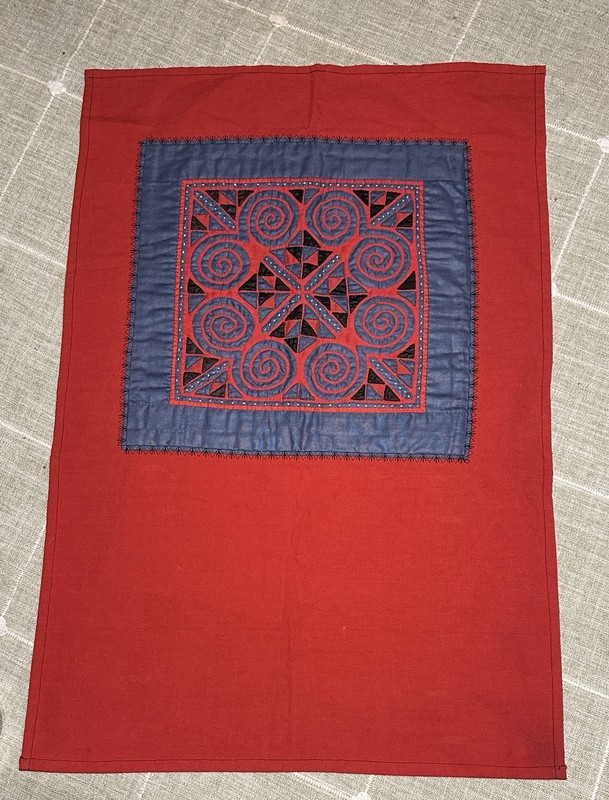 Embroidered Applique Artisan Folk Art Textile Square On Red Cloth