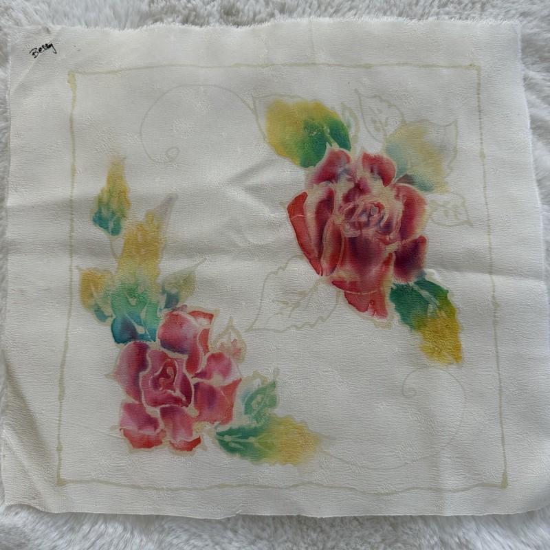 Hand Painted Silk Rose Floral Art Panel 11×12 Signed Betty Vintage Textile