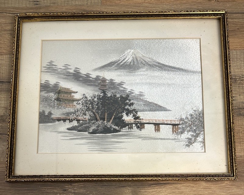 Japanese Silk Embroidered Art Mt Fuji Framed Winter Scene Bridge Mountain