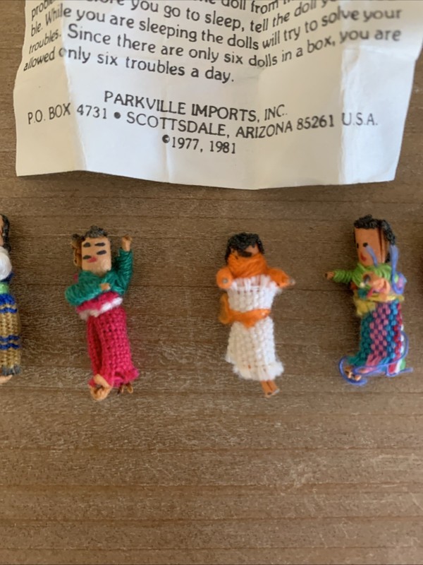 Vintage Lot of 6 Worry Trouble Dolls in Wood Trinket Box Guatemala Folk Art gallery