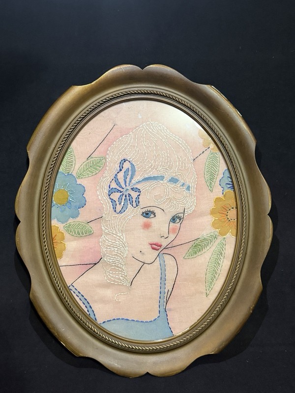 1920s Art Deco Flapper Girl Silk Embroidery - Framed (Worn Frame,Vintage Stains)