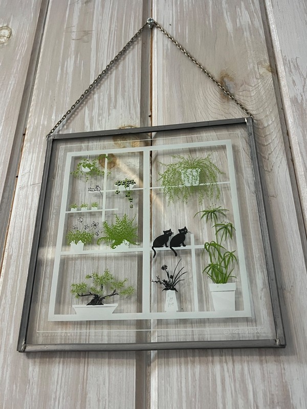 Decorative Art wall hanging framed glass panel w/ potted plants cats & mice 8” gallery