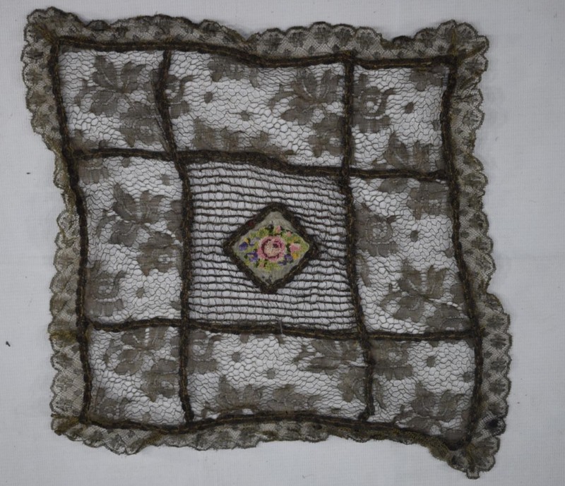 Antique 19thC European Central Floral Needlepoint Metallic Net Lace Panel