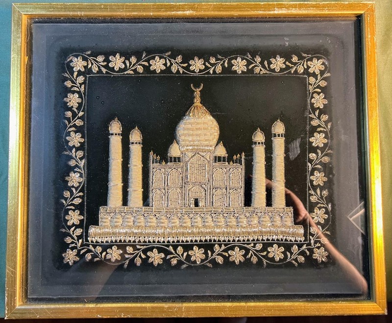 Framed Black Velvet India Taj Mahal Silver Metallic Zardozi Fabric Embroidery