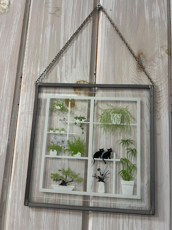 Decorative Art wall hanging framed glass panel w/ potted plants cats & mice 8” gallery