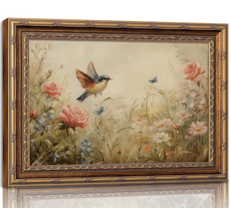 Vintage Gold Framed Bird Canvas Wall Art Vintage Plant Bird Prints Sketch Spr...