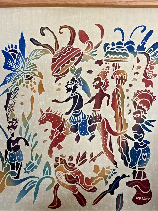 Vintage Batik Textile Stylized Figures Indonesian Art By Krishna Framed 18" X19" gallery