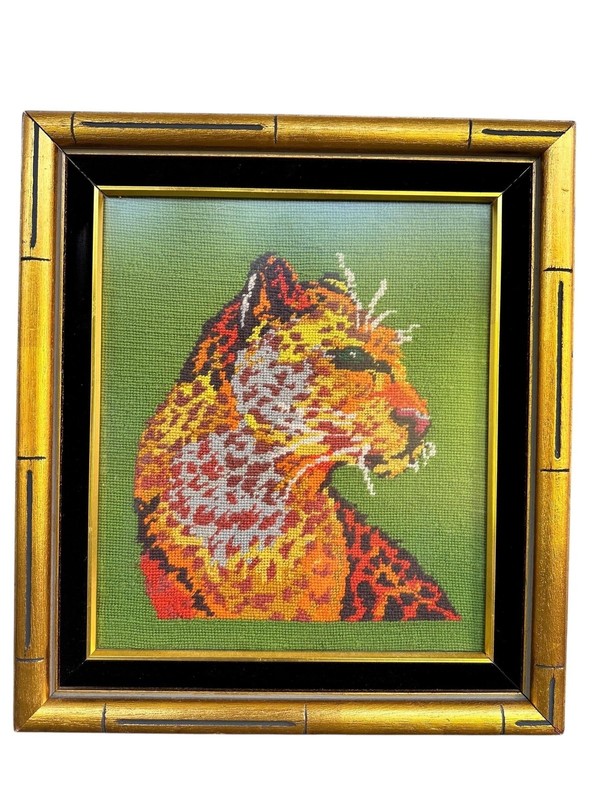 Vintage Hollywood Regency Needlepoint Art Exotic Cat Bamboo Frame Velvet Trim