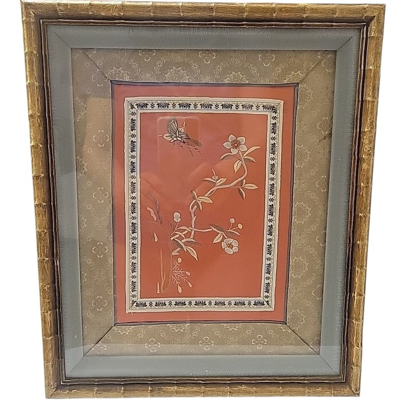 VTG Chinoiserie Silk Panel Embroidered Butterfy Floral 11.5”X13.5” Framed