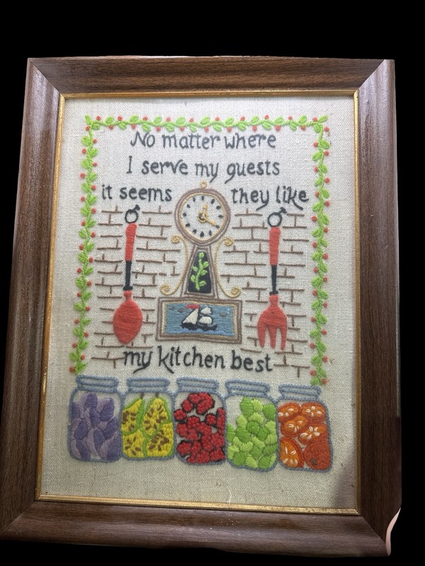 Framed Vintage Embroidered Kitchen Wall Art Handmade Textile Folk Decor