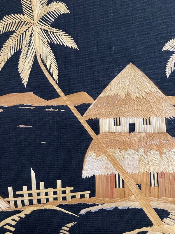 Vintage 1960's MCM Asian Pictures Bamboo Leaf and Rice Straw Set of 2 gallery