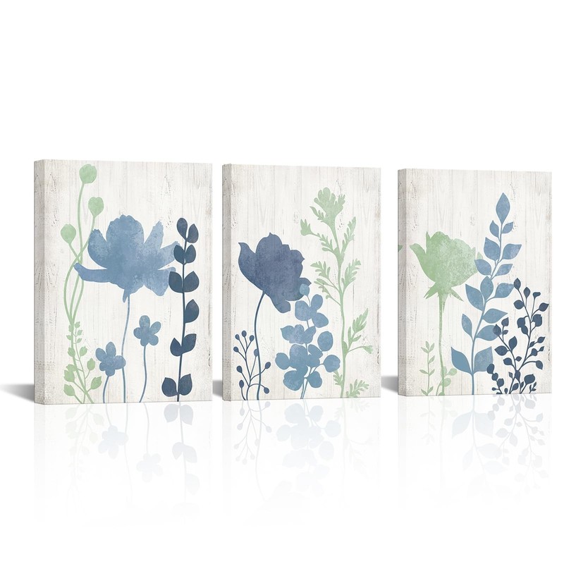 LoveHouse Sage Green and Blue Wall Art Rustic Canvas Paintings Vintage Flower…