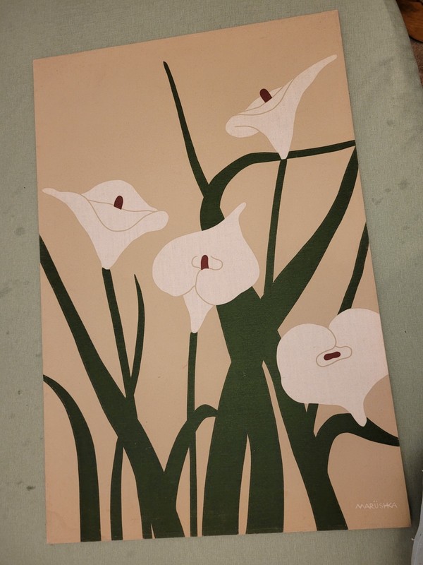 Vintage Marushka Wall Art Fabric Screen Print Calla Lillies 24 x 36