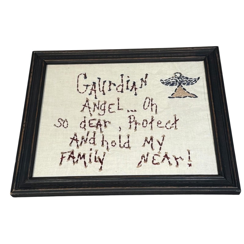 Vintage Guardian Angel Family Prayer Linen Embroidered Needlepoint 10×12 Art