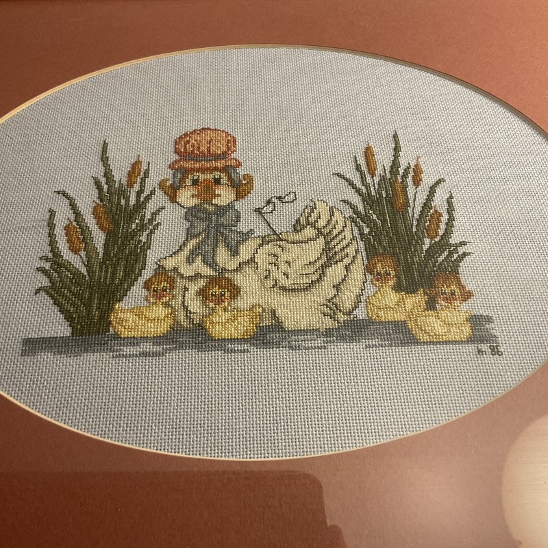 Vintage Funny Wigged Duck And Wigged Babies Petit Point Framed Needlepoint gallery
