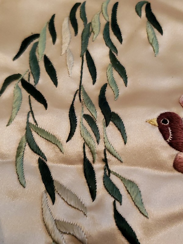 Chinese Silk Rayon Embroidered Tapestry Art Tan Bird Leaves gallery