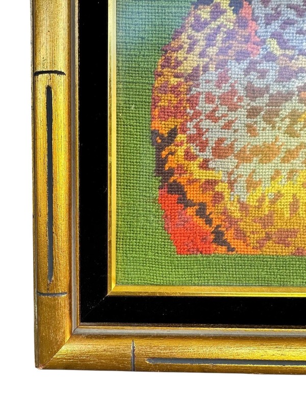 Vintage Hollywood Regency Needlepoint Art Exotic Cat Bamboo Frame Velvet Trim gallery