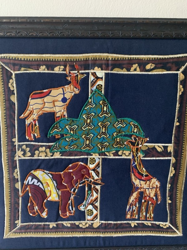 Antique Rare African Art Embroidered Fabric Wall Animals Handmade Custom Framed gallery