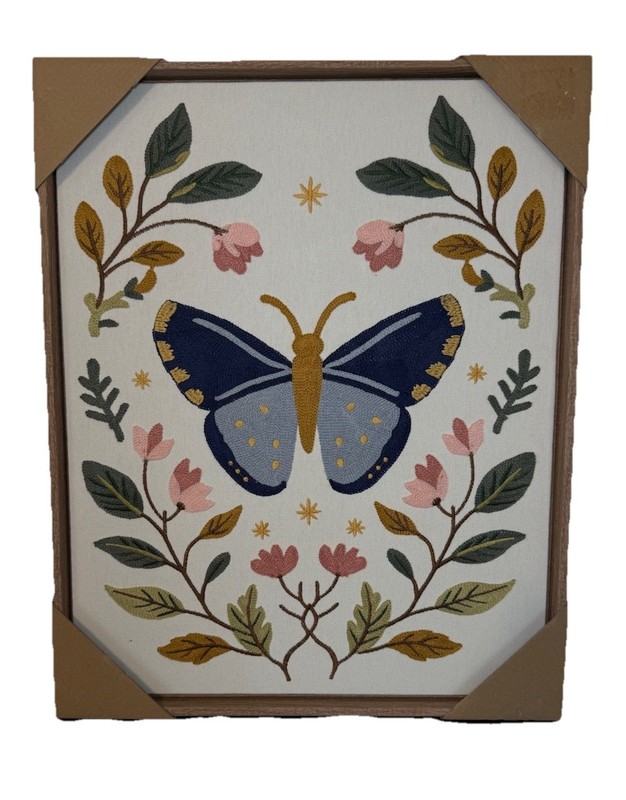 New BP Home Textile Embroidery Woven Wall Art Botanical Floral Butterfly 21 X 17