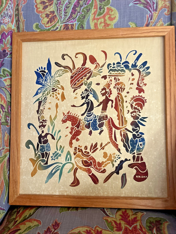 Vintage Batik Textile Stylized Figures Indonesian Art By Krishna Framed 18" X19" gallery