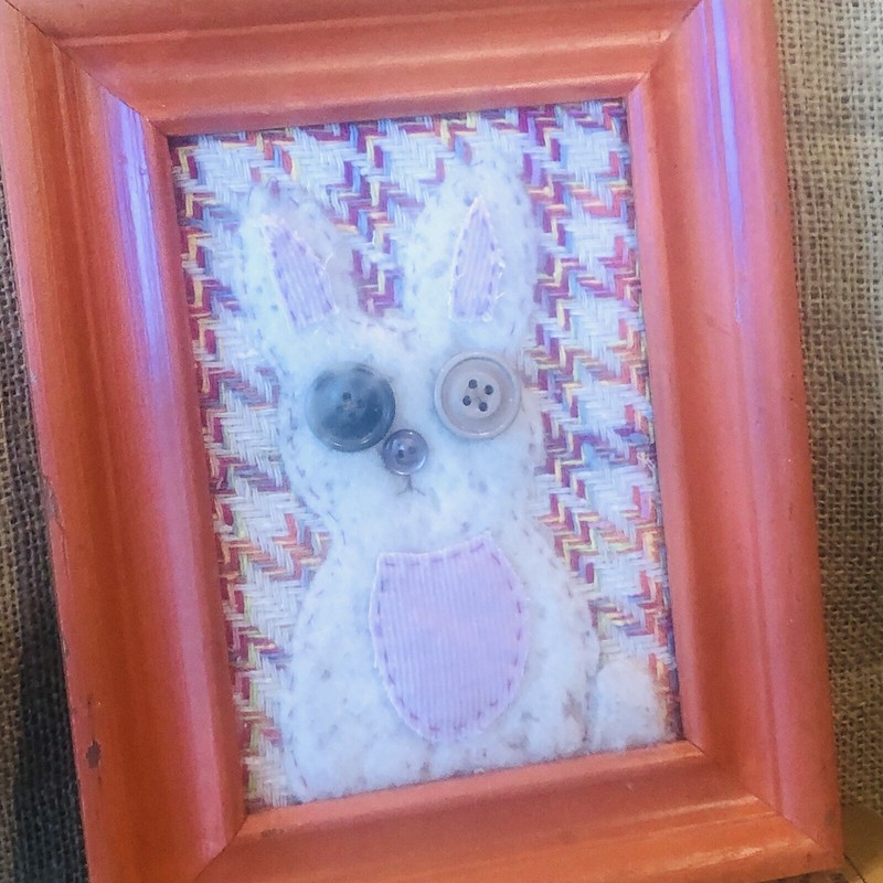 Bunny Handcrafted Fabric on tweed in Cool Pink/Orange tones Textural 8 x 10